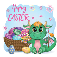 Cute cartoon green baby dragon with an easter egg. Symbol of 2024 according to the Chinese calendar