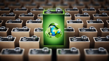 Green battery with recycle symbol stands out among regular alcaline batteries. 3D illustration - obrazy, fototapety, plakaty