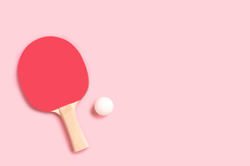 Tennis racket and white ball on a pink background. Layout with place for text.