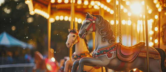 .Carousel horses bask in the golden glow of sunset, their painted manes catching the light of a thousand twinkling bulbs - obrazy, fototapety, plakaty