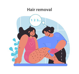 Painless hair removal process. A smiling woman undergoes a gentle leg waxing treatment with professional assistance. Flat vector illustration.