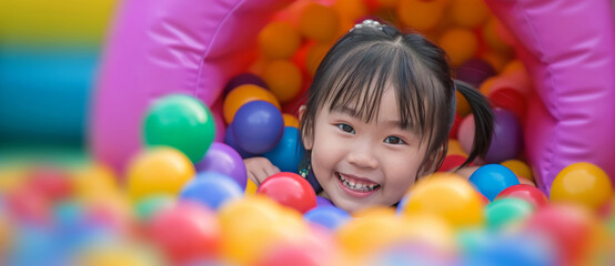A delighted young girl beams among a sea of colorful balls, her joy as bright as the playful hues surrounding her