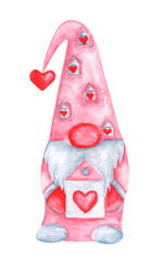 Gnome with a house. Watercolor illustration. House elf. Romance, love, Valentine's Day, Birthday. Pink, red, gray colors. For printing on greeting cards, stickers, fabric, t-shirts
