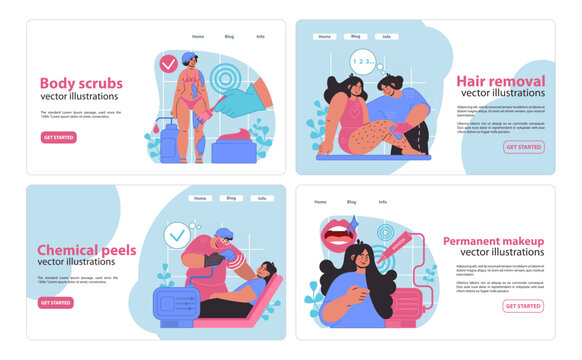 Engaging web banners for beauty services, featuring body scrubs, hair removal, chemical peels, and permanent makeup with vibrant vector illustrations.