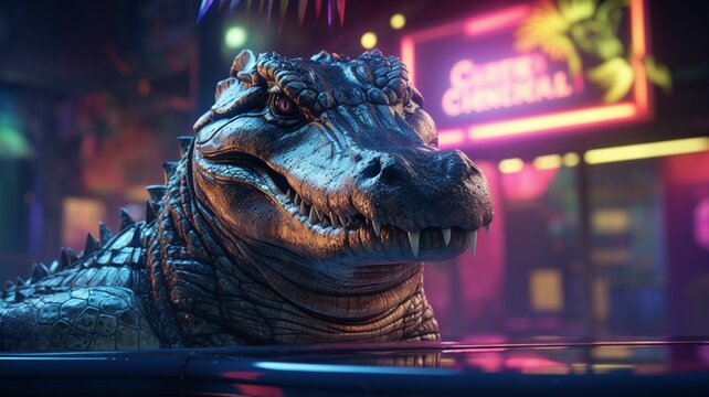 Alligator neon somber artwork top-down Ai generated art
