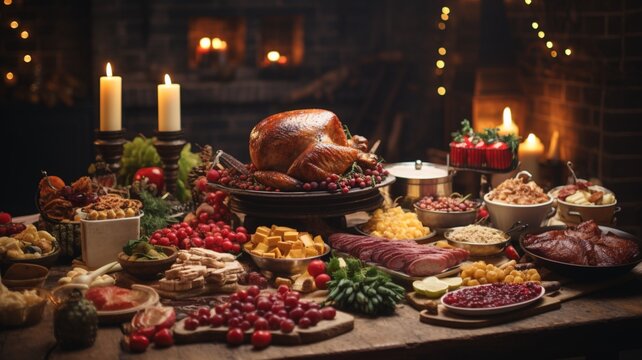 A festive holiday table full of food including a pie with a grand feast Generative IA Image