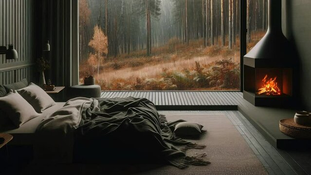 Fireplace in large bedroom and rain falling on the forest view on the window. You can use the video as a looping by adding it one after the other. It is in the form of an endless looping