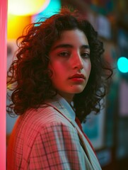 Teen Persian Woman with Brown Curly Hair vintage photo. Portrait of a person in 1980s aesthetics. Punk fashion. Historic photo Ai Generated Photorealistic Vertical Image.