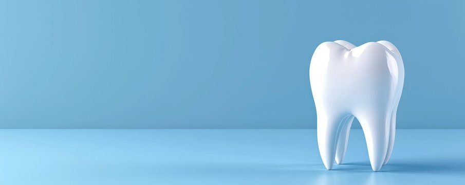 White tooth on blue background with space for copy