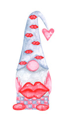 Gnome with lips. Watercolor illustration. Kiss. Romance, love, Valentine's Day, Birthday. Pink, red, gray colors. For printing on greeting cards, stickers, fabric, t-shirts