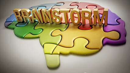 Brainstorm word standing on colorful puzzle pieces forming a human brain shape alltogether. 3D illustration