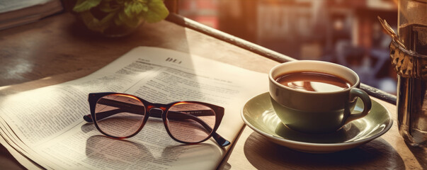 Woman read newspaper with morning coffee at the wooden table. Coffee and newspapers concept