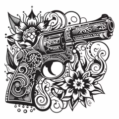 Foto op Aluminium abstract floral design, tattoo pattern, gun, gang tattoo, white background, illustration, vector © black art