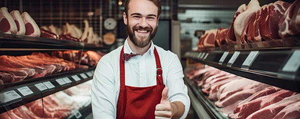 Fotobehang Happy butcher standing with thumbs up in front of a butchers meat in hop. © Alena