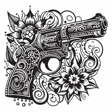 abstract floral design, tattoo pattern, gun, gang tattoo, white background, illustration, vector