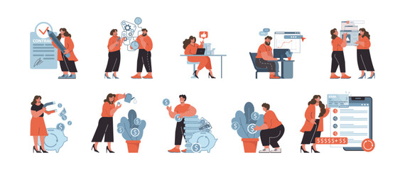 Financial planning set. Professionals engaged in monetary management, investment strategy, and economic research, emphasizing fiscal responsibility and growth. Flat vector illustration.