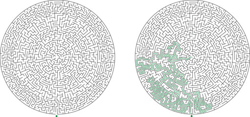 Large round complex labirinth. Vector circular maze. Difficult education puzzle with task to find the way out of the maze. Escape from center riddle. Solution included