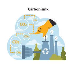 Guiding hand directs CO2 emissions towards carbon sinks, symbolizing efforts to combat climate change with nature's help. Environmental strategy. Flat vector illustration.