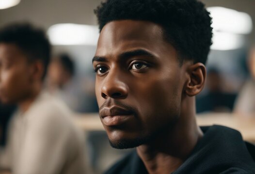 Black male student paying attention during class at university. portrait, headshot