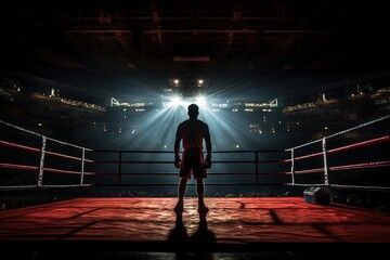 Rear view of a strong boxer in a boxing ring under spotlights - obrazy, fototapety, plakaty