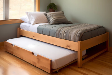 Trundle Bed - United States - A bed with a secondary bed stored underneath, typically on casters, offering a space-saving solution for guest rooms
