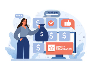 Online charity and charitable foundation. Web service to help people in need. Humanitarian aid, donations, volunteers or non-governmental, nonprofit organizations support. Flat vector illustration