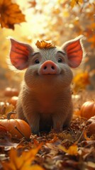 Naklejka premium A little pig with a leaf on its head