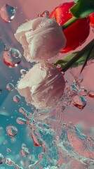 A red and white tulip splashing into water