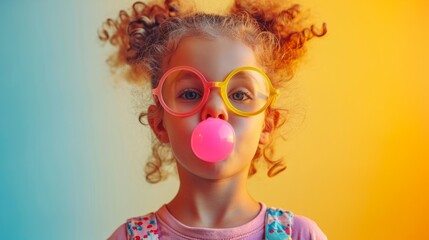 A little girl with curly hair blowing a bubble