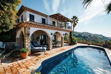 Luxurious white Mediterranean style house with a large swimming pool surrounded by various plants.