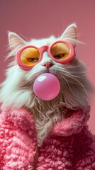 Obraz premium A white cat wearing pink sunglasses blowing a bubble