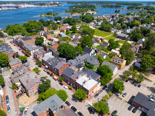 Fototapeta na wymiar Strawbery Banke Museum aerial view 14 Hancock Street with Piscataqua River at the back in city of Portsmouth, New Hampshire NH, USA.