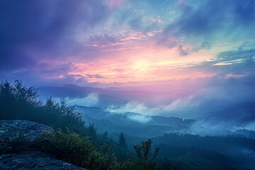 A beautiful landscape with a colorful sky above the mountains.