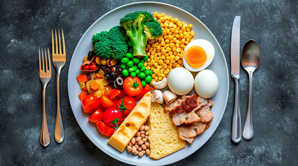  Plate with separate meals, in which half consists of vegetables, 1/4 - of cereals and pasta, 1/4 - of meat and eggs - obrazy, fototapety, plakaty