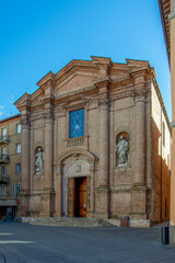 Church of St. Augustine in Foligno, Italy, Umbria , 18th century facade , also known as Sanctuary of Our Lady of Weeping, vertical photo.