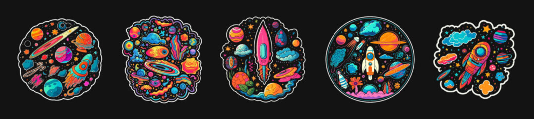 Space dark set of bright stickers. Cartoon psychedelic retro space sticker flat style on black background. Rocket, astronaut, space, planet, stars. Vibrant illustration of surreal art. Vector 