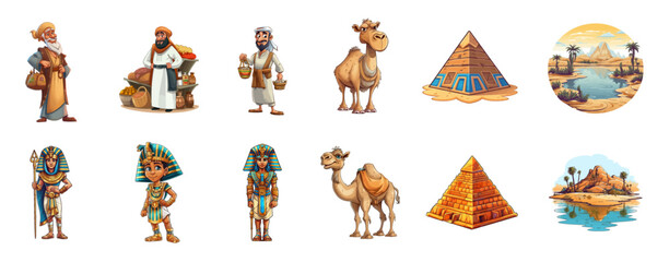Obraz premium Cartoon images on the theme of ancient Egypt, isolated on a white background, set of vector illustrations. Fairy tale characters. Pharaoh, camel, merchants, pyramids. Cartoon, book, game design
