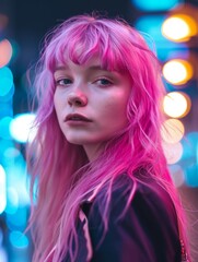 Teen White Woman with Pink Straight Hair vintage photo. Portrait of a person in 1980s aesthetics. Punk fashion. Historic photo Ai Generated Photorealistic Vertical Image.