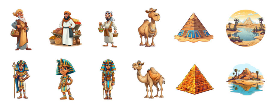 Cartoon images on the theme of ancient Egypt, isolated on a white background, set of vector illustrations. Fairy tale characters. Pharaoh, camel, merchants, pyramids. Cartoon, book, game design