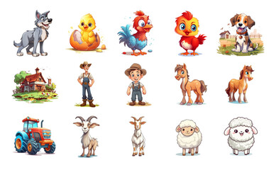 Cartoon set of life on the farm. Colorful set - sheep, horse, farmer, tractor, chicken, wolf, dog, goat. Cartoon, book, game design. Vector illustration