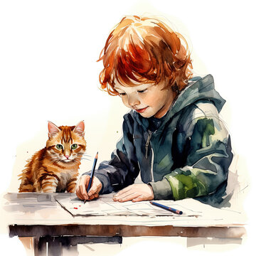 Watercolor vintage illustration for a children's book about two friends - a boy and a cat. A boy draws a portrait of his friend - a cat