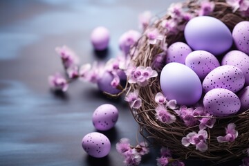 Fototapeta na wymiar A pile of Easter eggs painted light purple on a blurred background with a bouquet of purple flowers