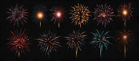 A vector set of eight fireworks, isolated on a black background.