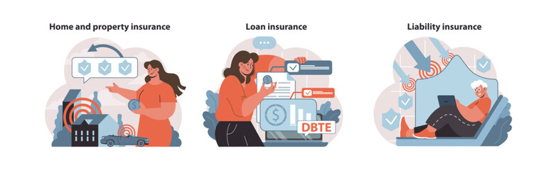 Insurance protection set. Detailed visuals on home, loan, and liability coverage. Financial security strategies for property and personal obligations. Flat vector illustration.