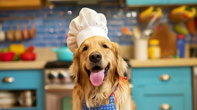 A funny Golden Retriever in a chef's hat and apron, caught mid-bark while "cooking" in a toy kitchen. The expressive canine chef adds a humorous twist to the culinary-themed ensemb