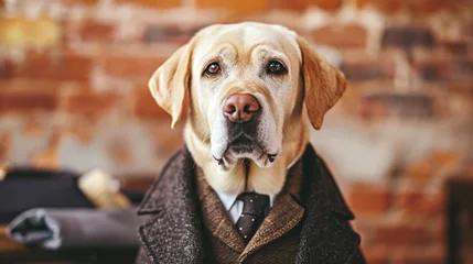 Deurstickers An expressive Labrador Retriever donning a dapper suit and tie, seemingly ready for a formal affair. The dog's comical sophistication and impeccable attire add a touch of humor to © Kateryna Arkhypova