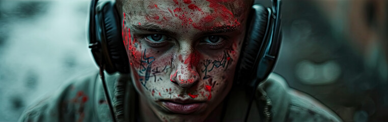 Serious young man wearing headphones with graffiti on his face, urban setting. 