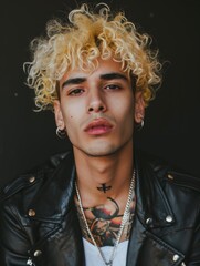 Photorealistic Adult Latino Man with Blond Curly Hair vintage Illustration. Portrait of a person in Punk Subculture aesthetics. DIY fashion. Ai Generated Vertical Illustration.