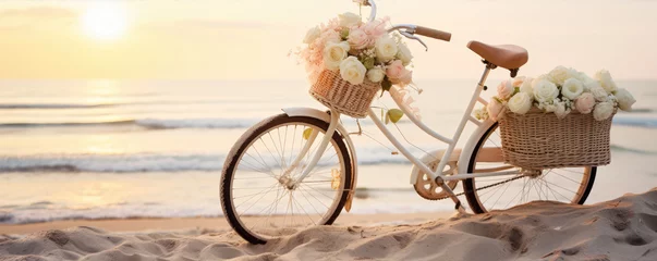 Poster Vintage bicycle with flowers standing against summer sea background. © Alena