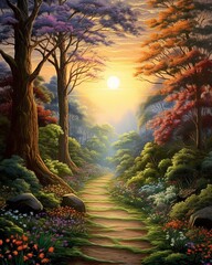 Fototapeta premium Beautiful road forest sun shining nature tree wallpaper